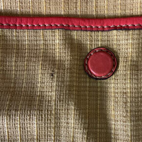 FOSSIL Red Leather Strap Tan Straw Woven Handbag Versatile - Picture 3 of 15